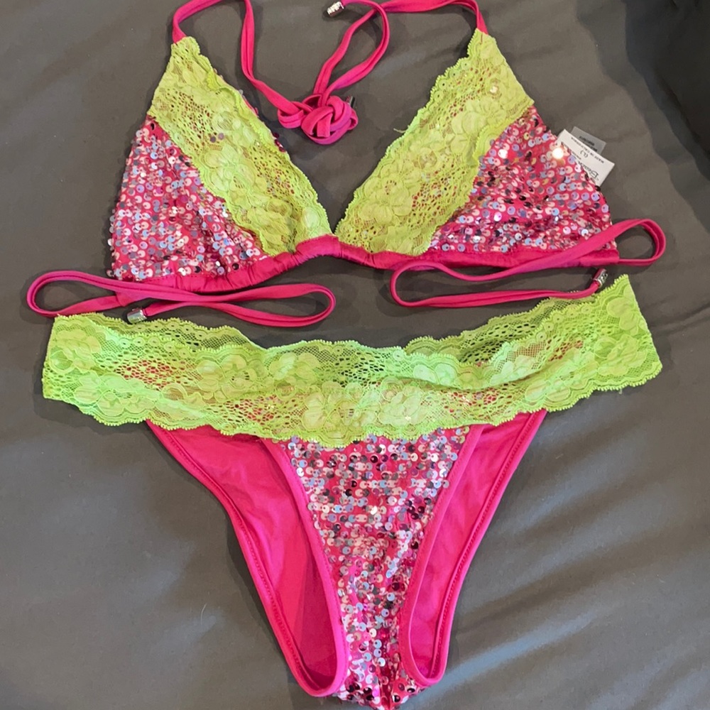 Beach bunny size large pink and green sequin bikini